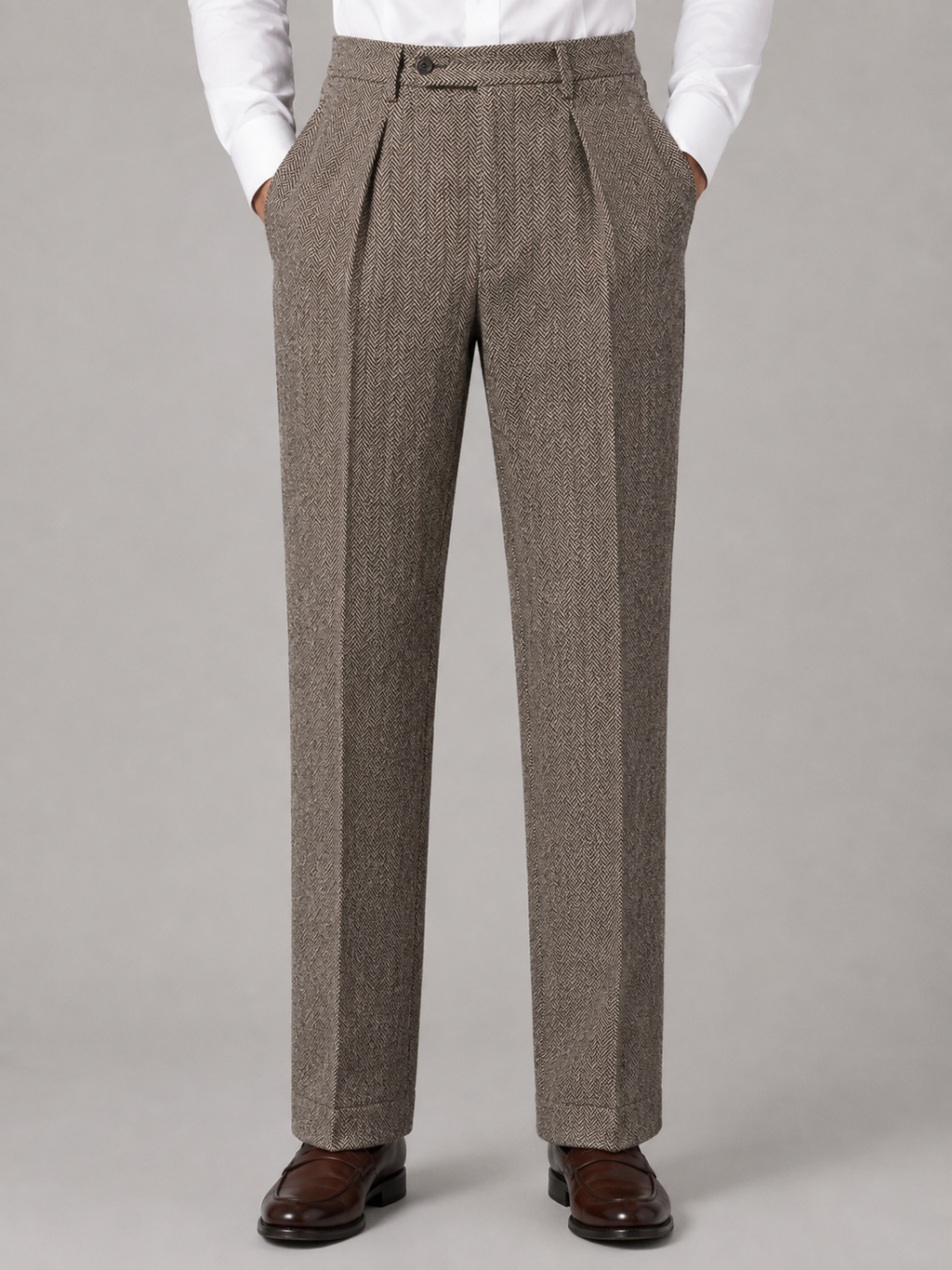 Men’s Herringbone Pleated Trousers — Khaki