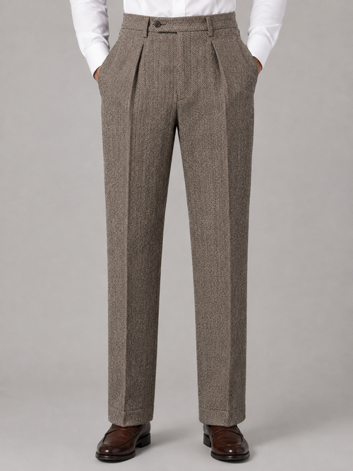 Men’s Herringbone Pleated Trousers — Khaki