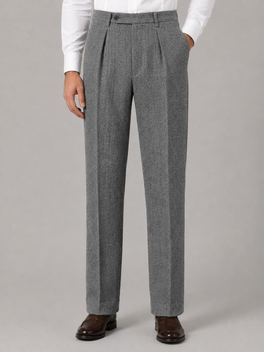 Men’s Herringbone Pleated Trousers — Grey