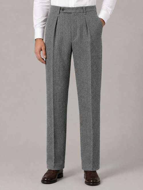 Men’s Herringbone Pleated Trousers — Grey