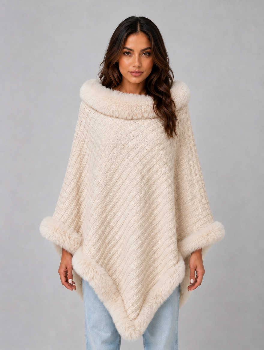 Women’s Knitted Cape Coat – Faux Fur Trim Poncho — Cream