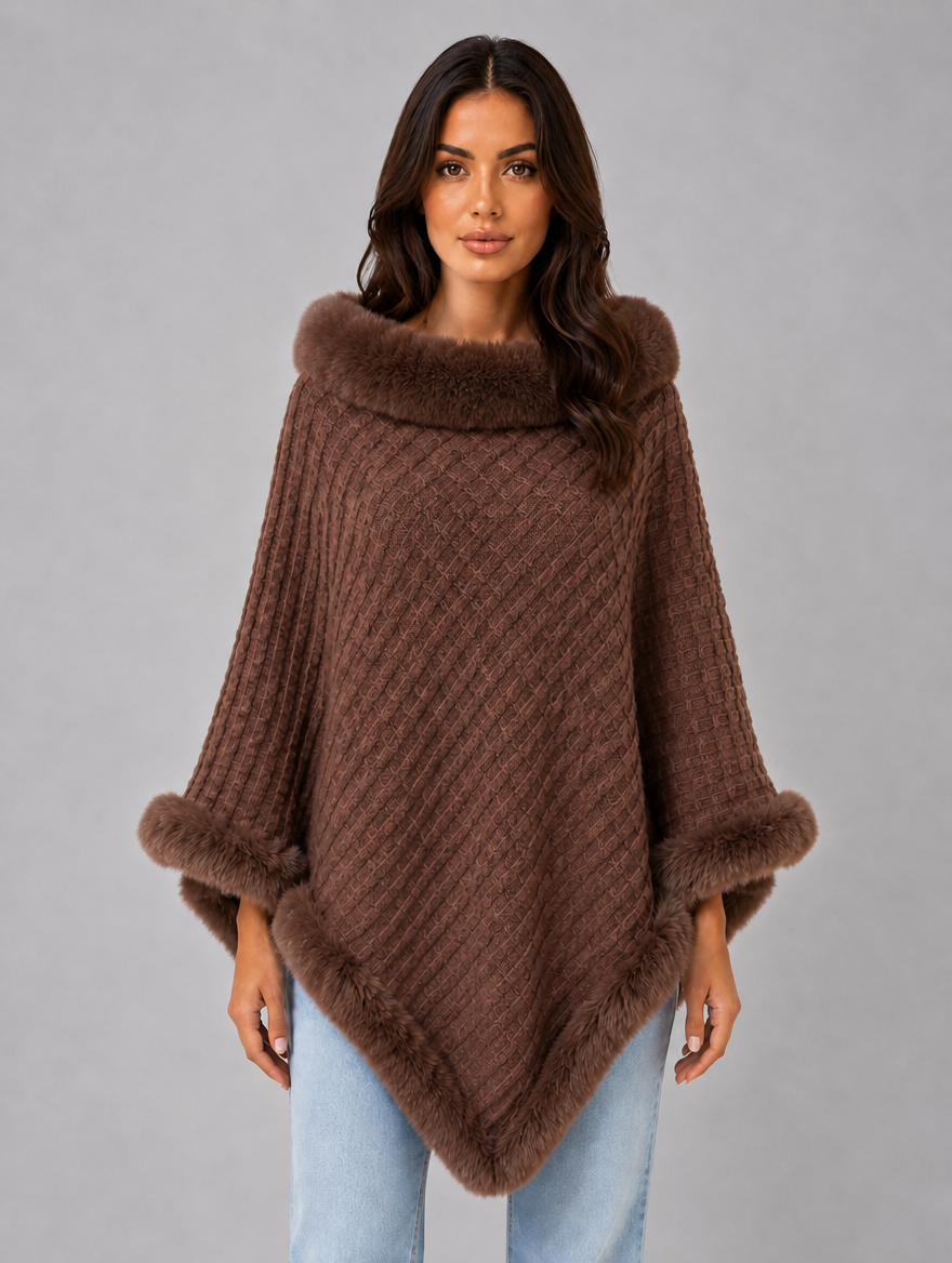 Women’s Knitted Cape Coat – Faux Fur Trim Poncho — Brown