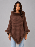 Women’s Knitted Cape Coat – Faux Fur Trim Poncho — Brown