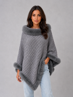 Women’s Knitted Cape Coat – Faux Fur Trim Poncho — Grey