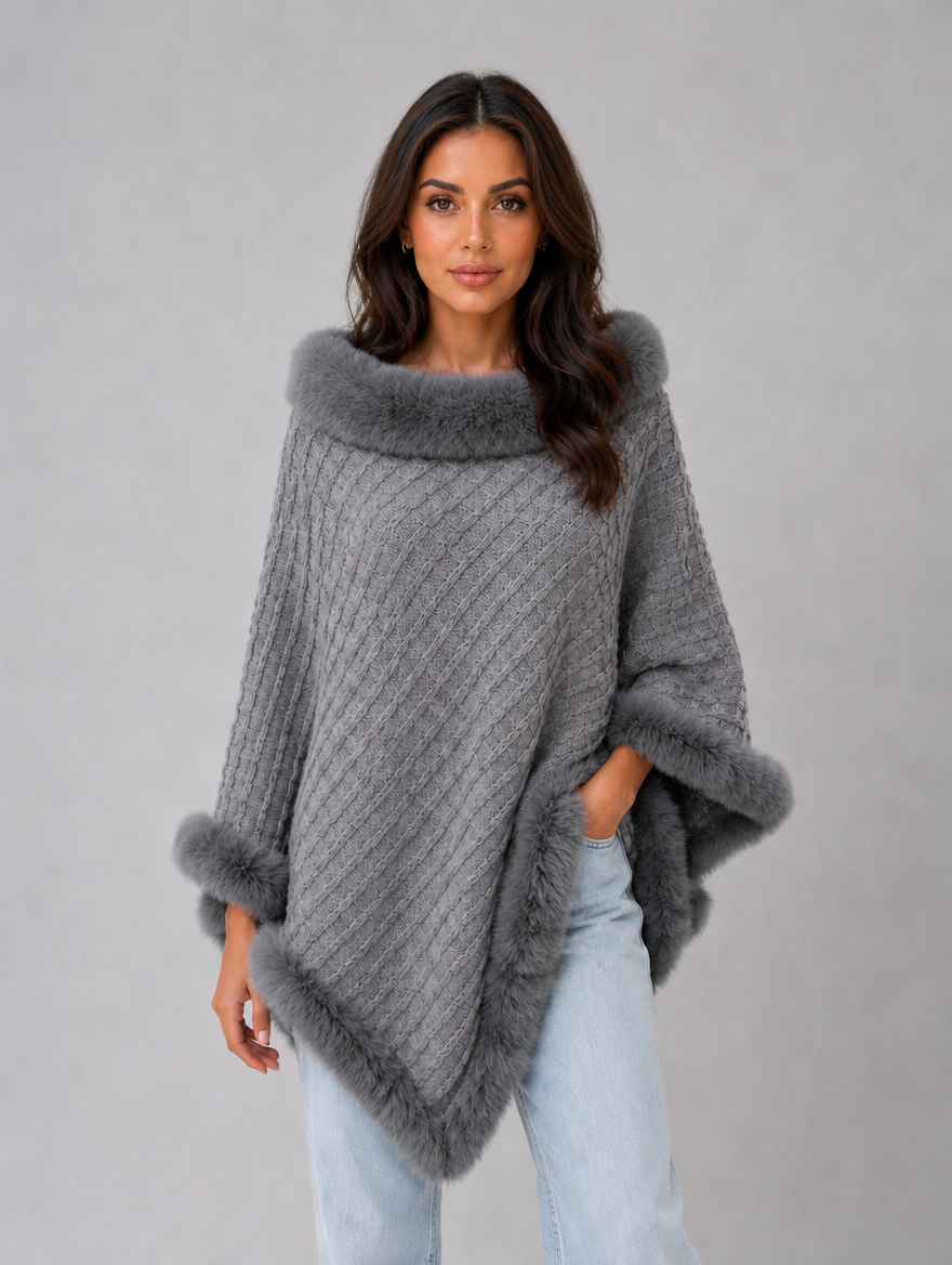 Women’s Knitted Cape Coat – Faux Fur Trim Poncho — Grey