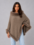 Women’s Knitted Cape Coat – Faux Fur Trim Poncho — Khaki