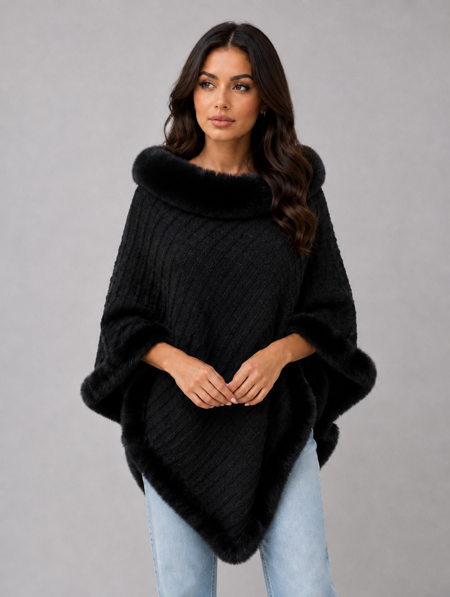 Women’s Knitted Cape Coat – Faux Fur Trim Poncho — Black