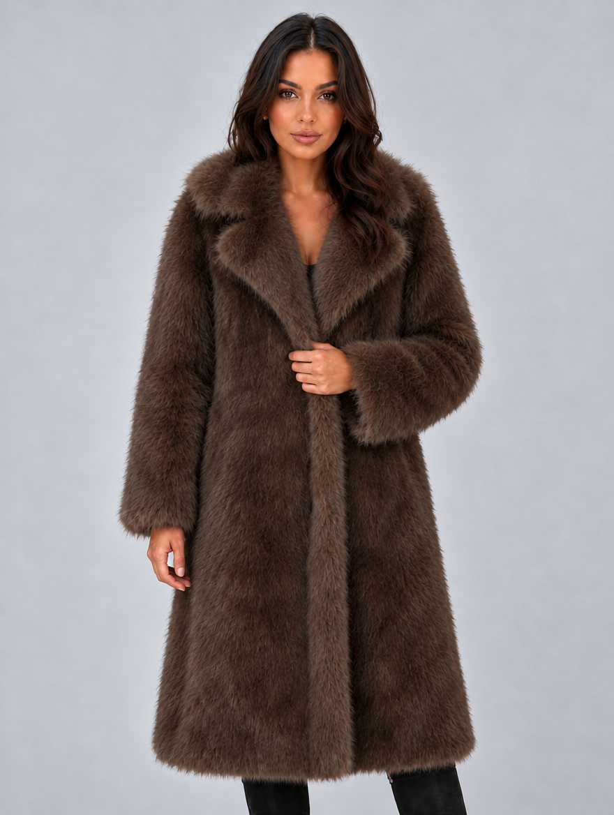 Women’s Faux Fur Long Coat – Oversized Plush Winter Jacket — Dark Brown