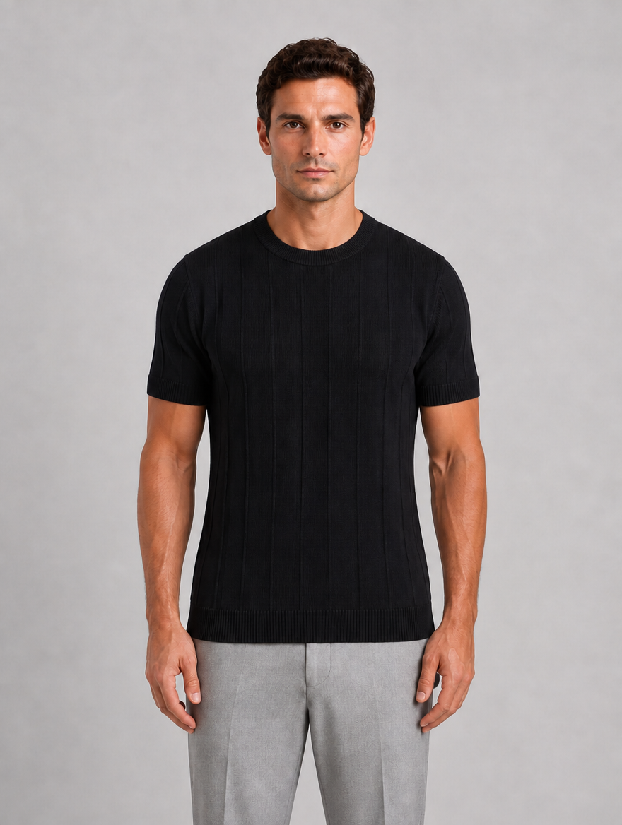 Men’s Knitted T-Shirt – Short Sleeve Crew Neck Shirt — Black