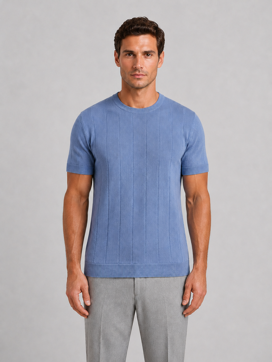Men’s Knitted T-Shirt – Short Sleeve Crew Neck Shirt — Blue