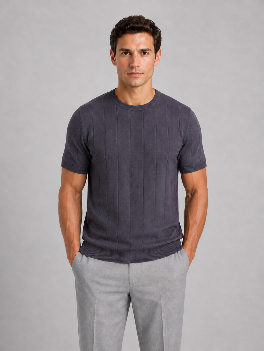 Men’s Knitted T-Shirt – Short Sleeve Crew Neck Shirt — Dark Grey