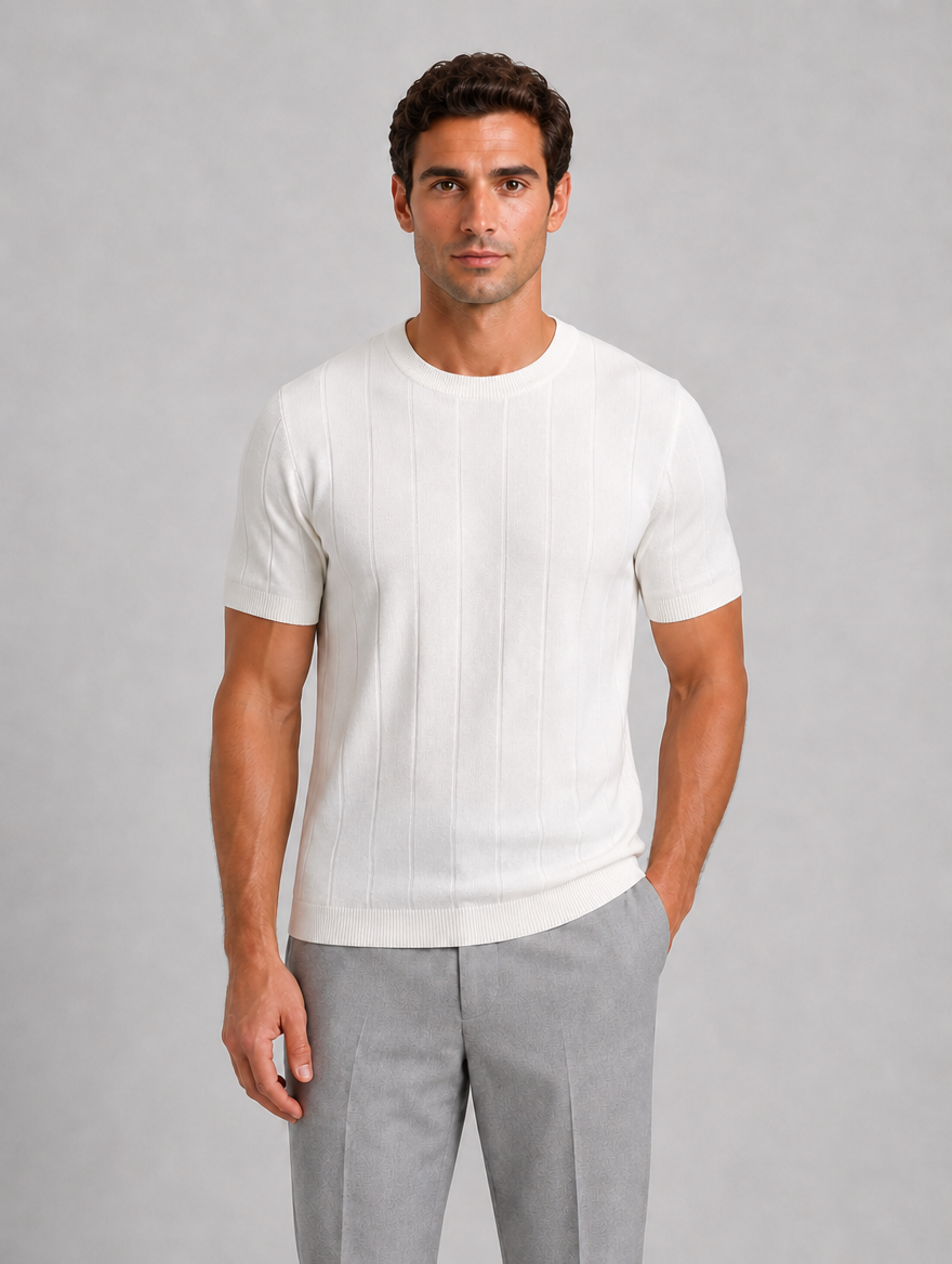 Men’s Knitted T-Shirt – Short Sleeve Crew Neck Shirt — White