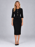 Women’s Tailored Peplum Blazer & Pencil Skirt Co-Ord Set – Gold Button Two-Piece Suit — Black