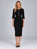 Women’s Tailored Peplum Blazer & Pencil Skirt Co-Ord Set – Gold Button Two-Piece Suit — Black