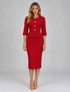 Women’s Tailored Peplum Blazer & Pencil Skirt Co-Ord Set – Gold Button Two-Piece Suit — Red