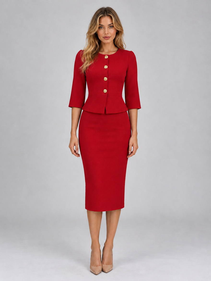 Women’s Tailored Peplum Blazer & Pencil Skirt Co-Ord Set – Gold Button Two-Piece Suit — Red