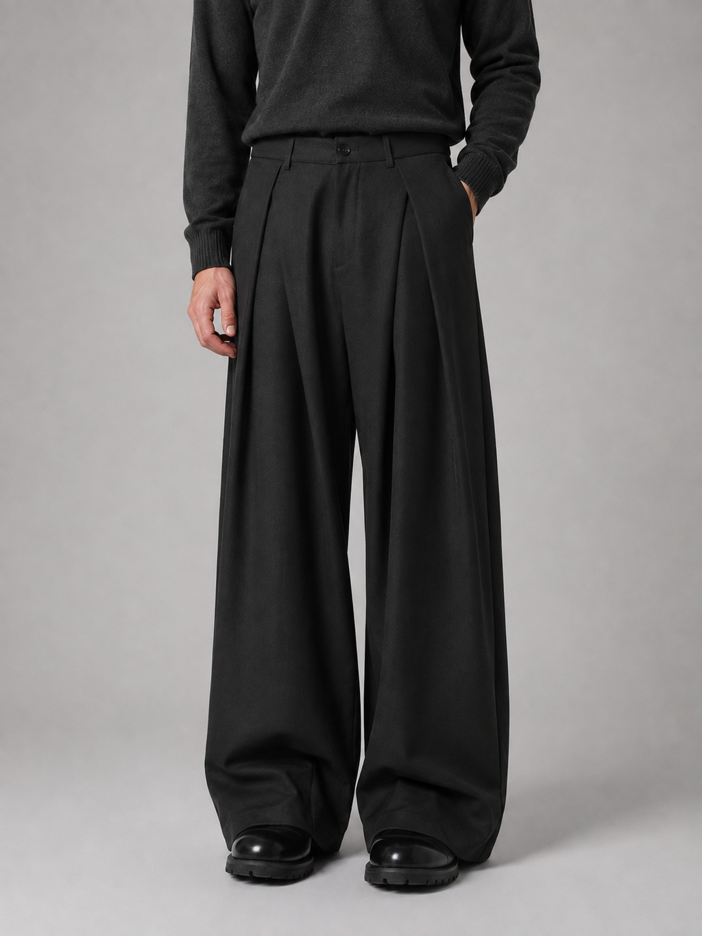 Men’s Wide Leg Trousers – Pleated Tailored Baggy Fit — Black