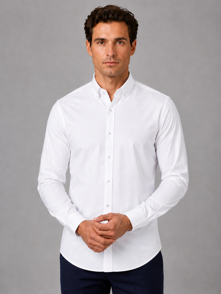Men’s Long Sleeve Shirt – Button Down Collar Smart Casual Style — White