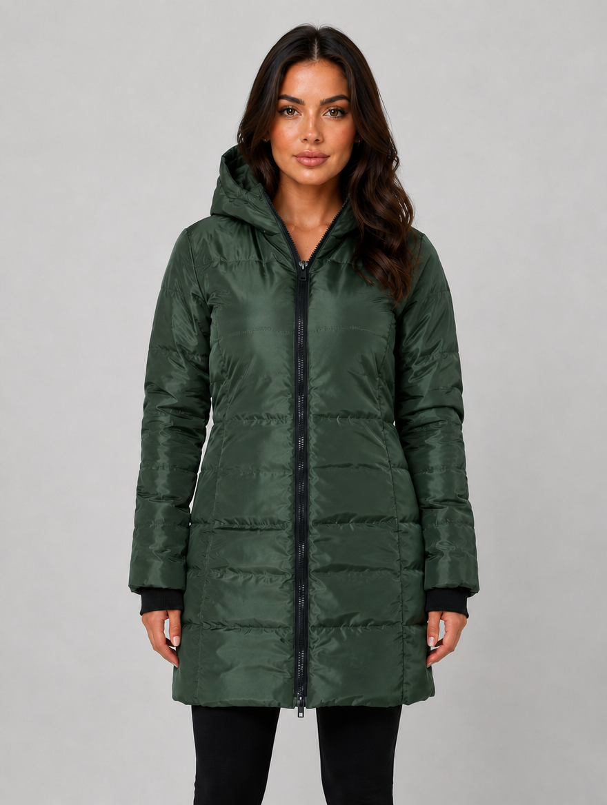 Women’s Long Puffer Coat – Hooded Quilted Winter Jacket — Green