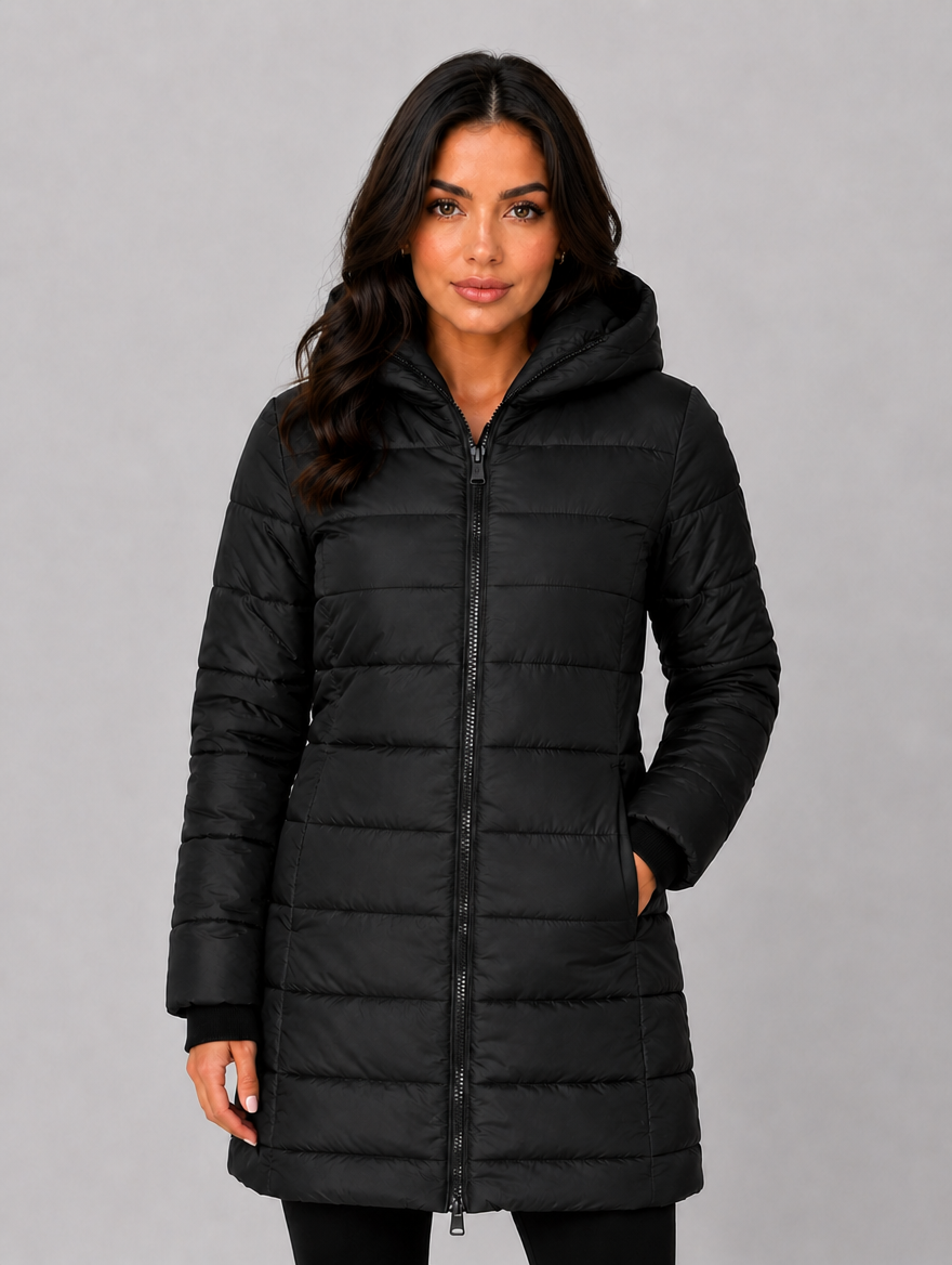 Women’s Long Puffer Coat – Hooded Quilted Winter Jacket — Black