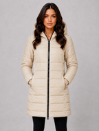 Women’s Long Puffer Coat – Hooded Quilted Winter Jacket — Beige