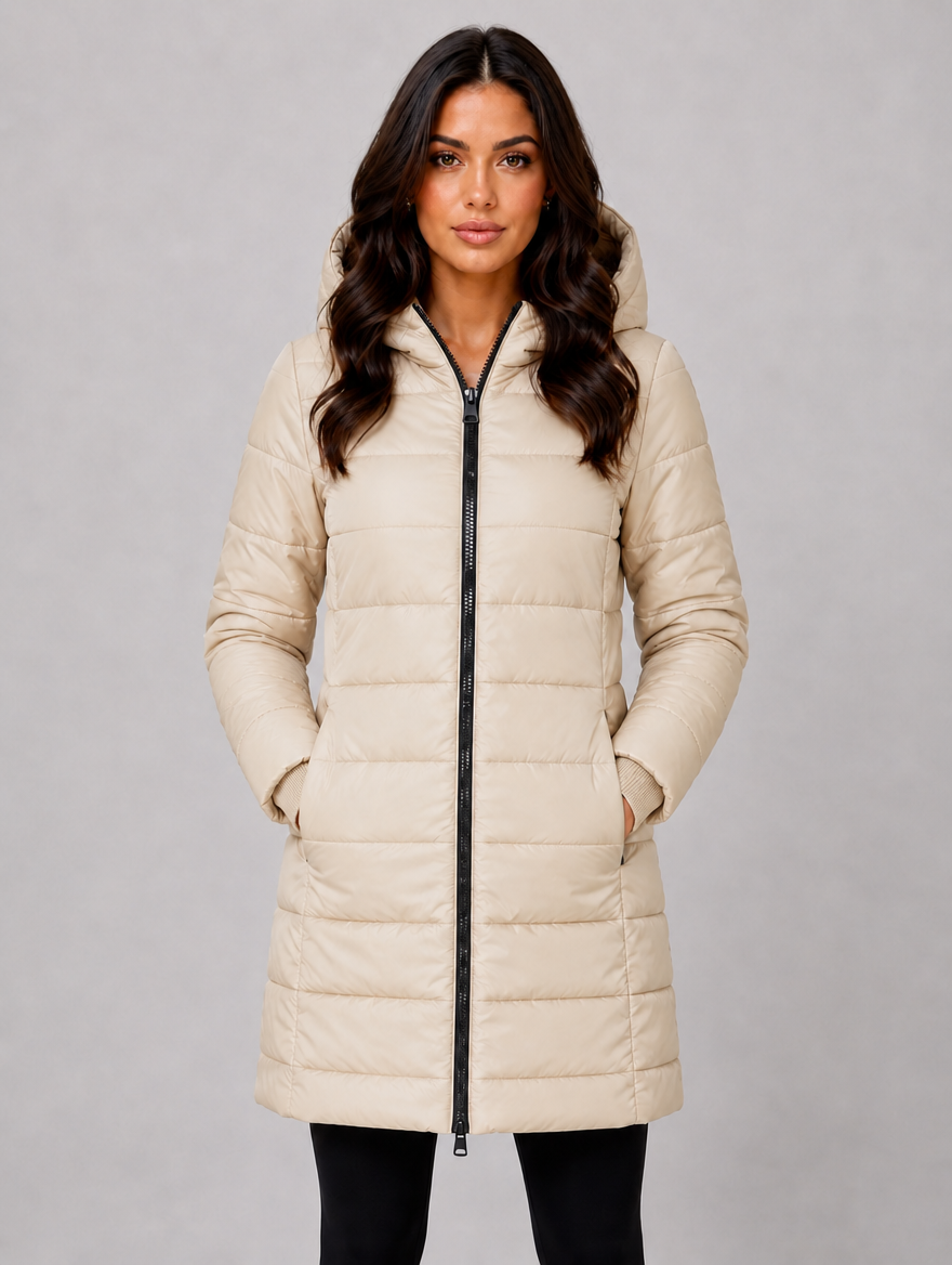 Women’s Long Puffer Coat – Hooded Quilted Winter Jacket — Beige