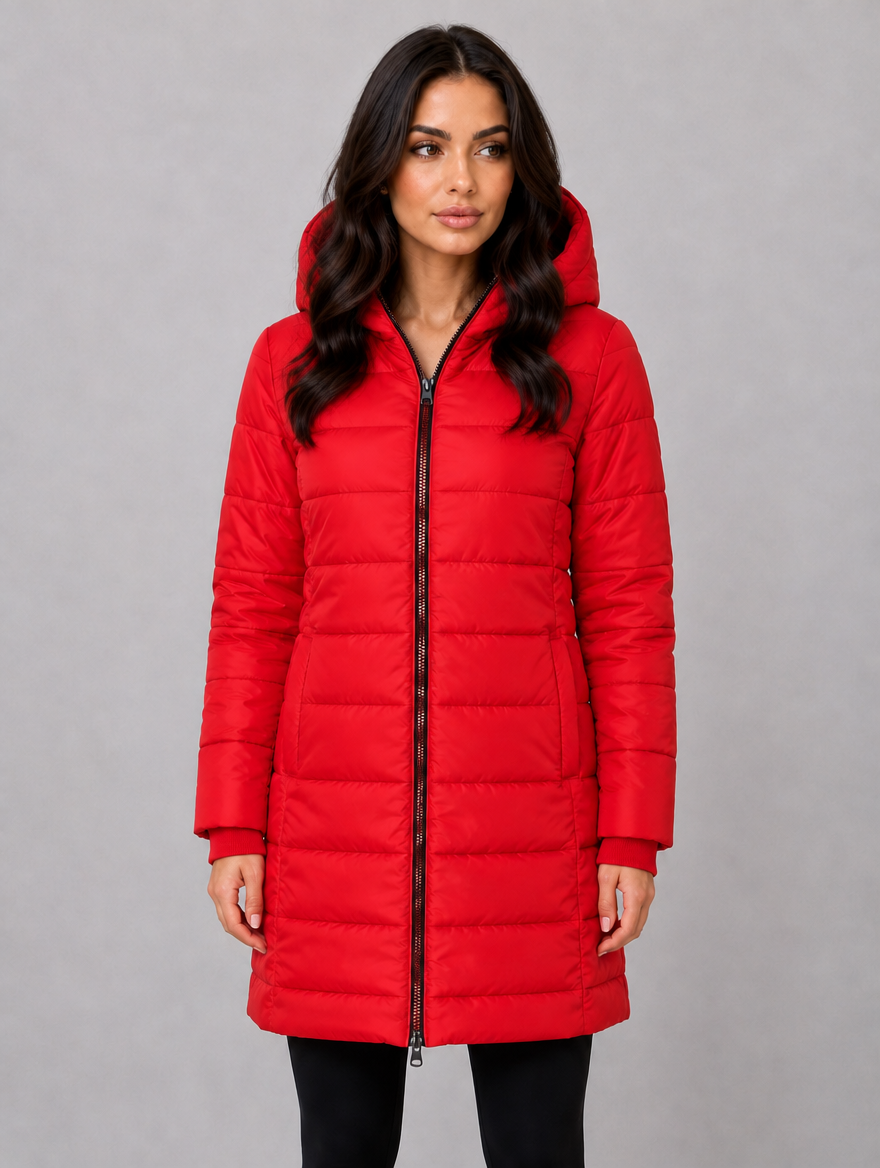 Women’s Long Puffer Coat – Hooded Quilted Winter Jacket — Red
