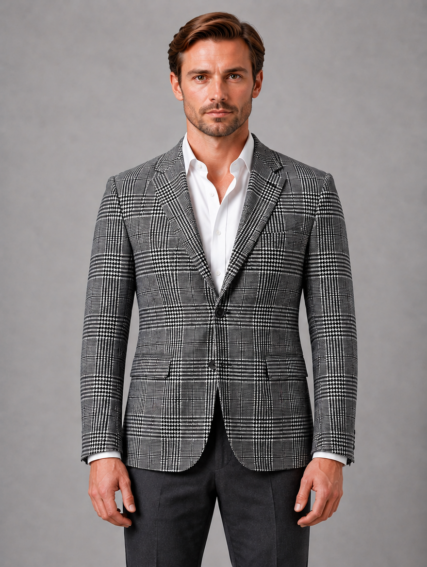 Men’s Tailored Tweed Blazer – Smart Casual Jacket — Light Grey