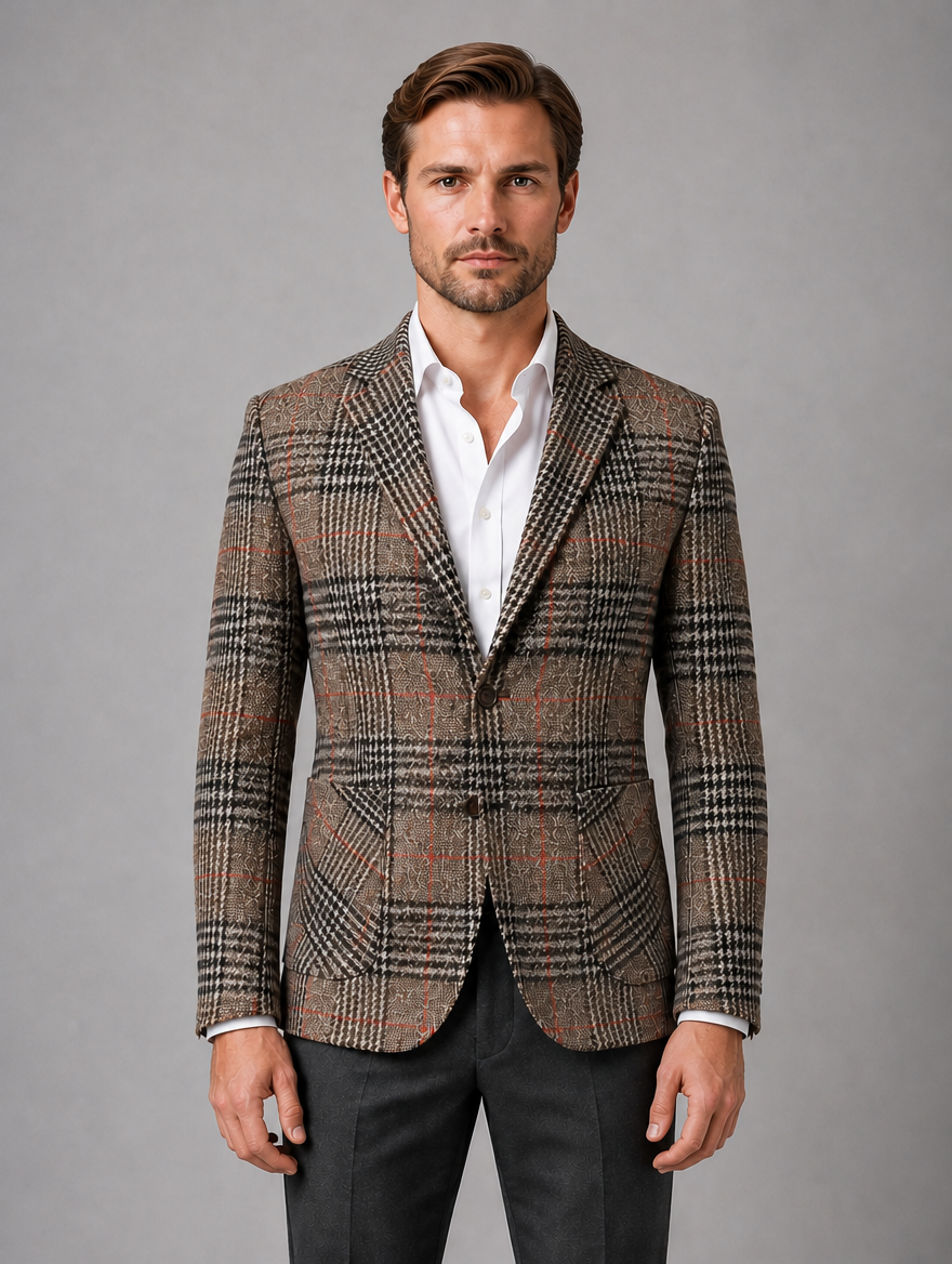 Men’s Tailored Tweed Blazer – Smart Casual Jacket — Khaki