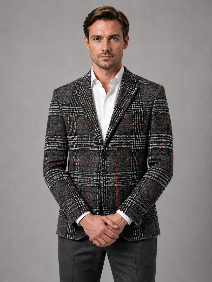Men’s Tailored Tweed Blazer – Smart Casual Jacket — Dark Grey