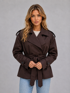 Women’s Short Trench Coat – Belted Double Breasted Jacket — Brown
