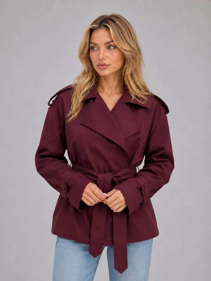 Women’s Short Trench Coat – Belted Double Breasted Jacket — Burgundy