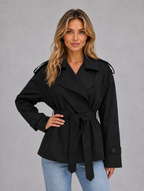 Women’s Short Trench Coat – Belted Double Breasted Jacket — Black