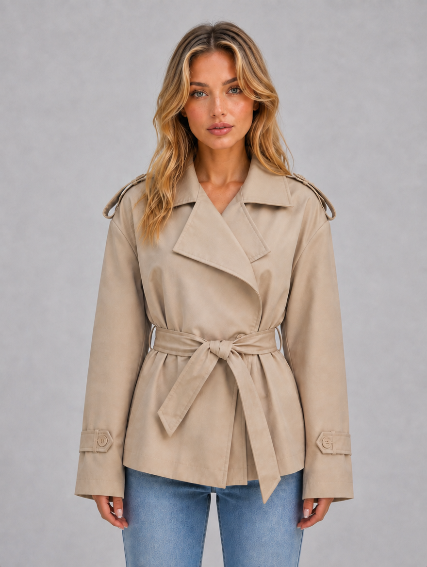 Women’s Short Trench Coat – Belted Double Breasted Jacket — Beige