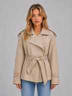 Women’s Short Trench Coat – Belted Double Breasted Jacket — Beige