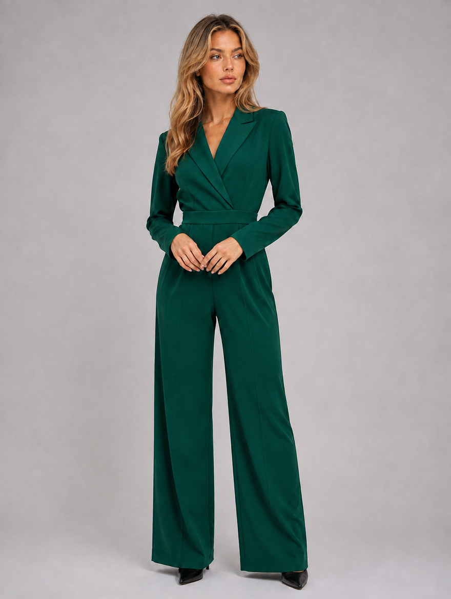 Women’s Wide Leg Jumpsuit – Wrap Front Belted Tailored Suit — Green