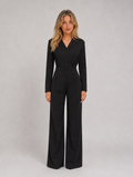 Women’s Wide Leg Jumpsuit – Wrap Front Belted Tailored Suit — Black