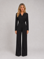 Women’s Wide Leg Jumpsuit – Wrap Front Belted Tailored Suit — Black
