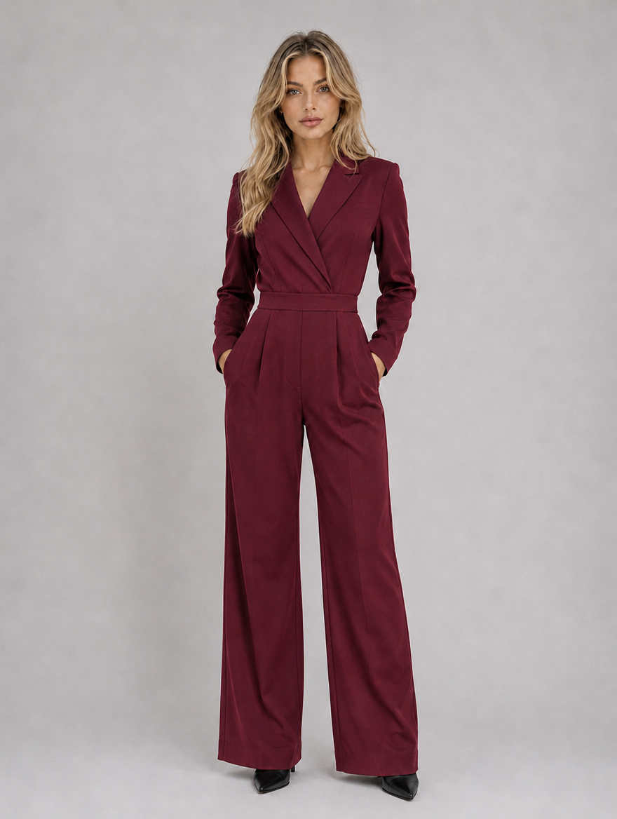 Women’s Wide Leg Jumpsuit – Wrap Front Belted Tailored Suit — Red