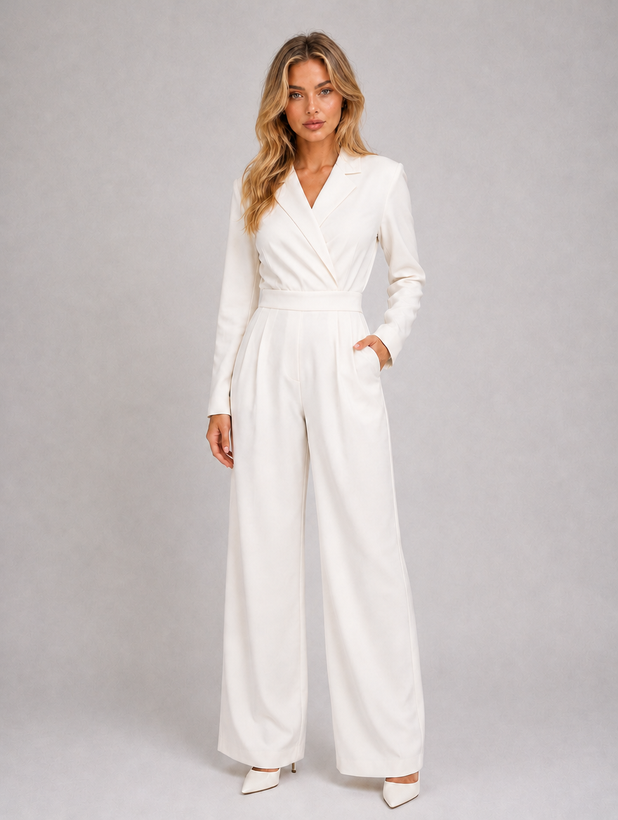 Women’s Wide Leg Jumpsuit – Wrap Front Belted Tailored Suit — White
