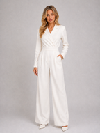 Women’s Wide Leg Jumpsuit – Wrap Front Belted Tailored Suit — White