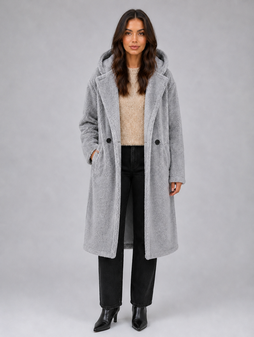Women’s Long Hooded Teddy Coat – Oversized Borg Winter Coat — Grey