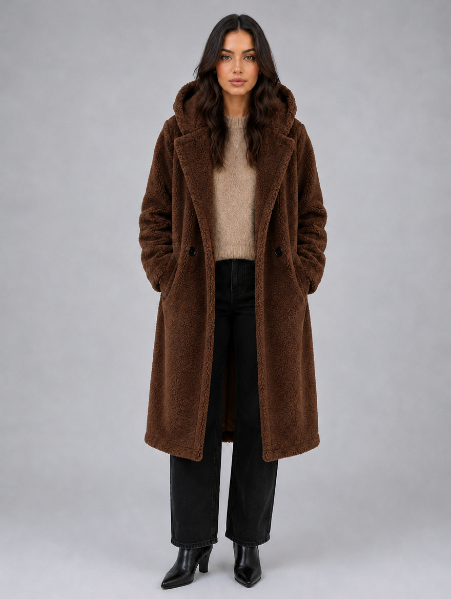 Women’s Long Hooded Teddy Coat – Oversized Borg Winter Coat — Dark Brown