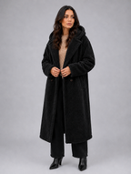 Women’s Long Hooded Teddy Coat – Oversized Borg Winter Coat — Black