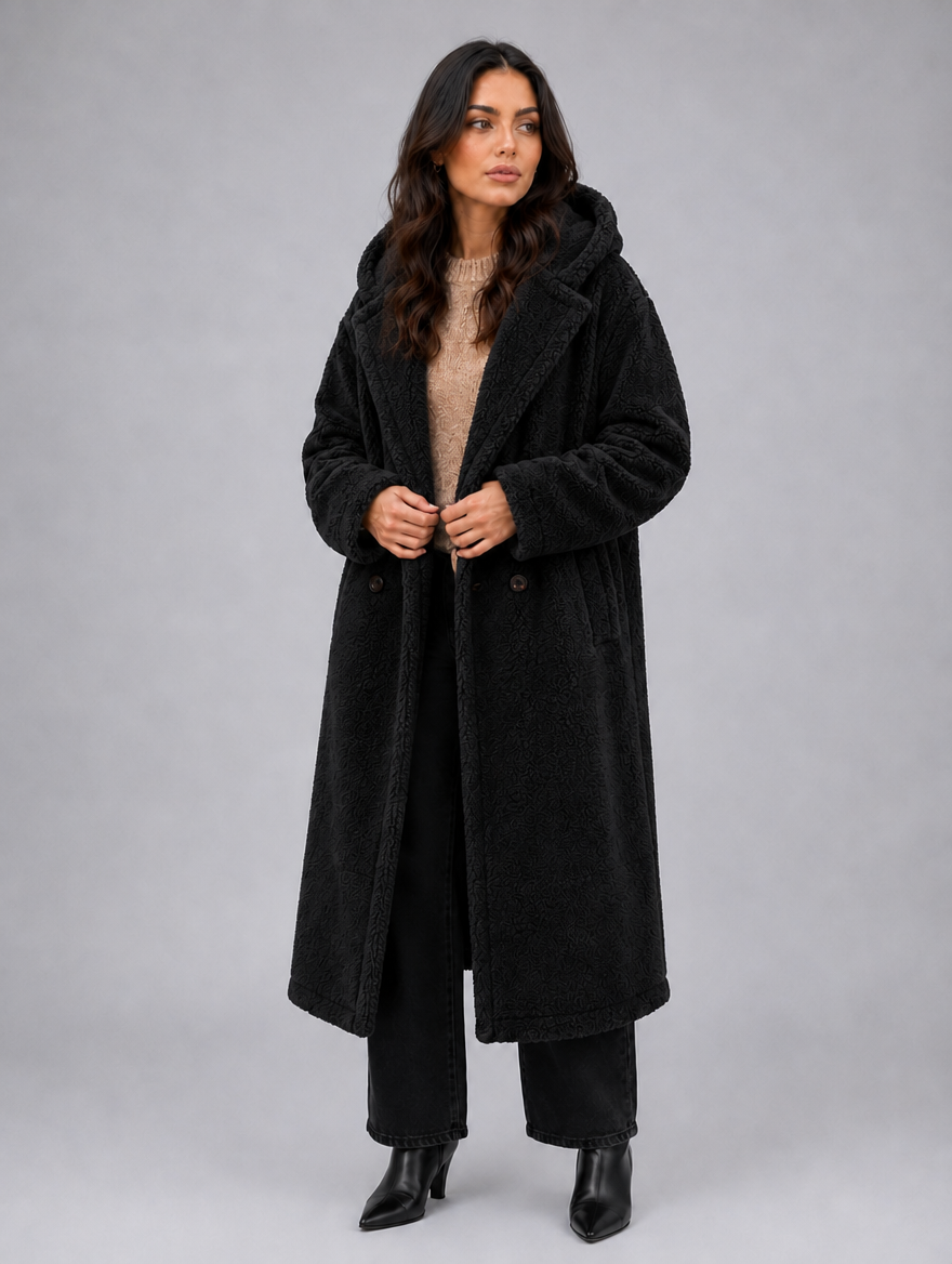 Women’s Long Hooded Teddy Coat – Oversized Borg Winter Coat — Black
