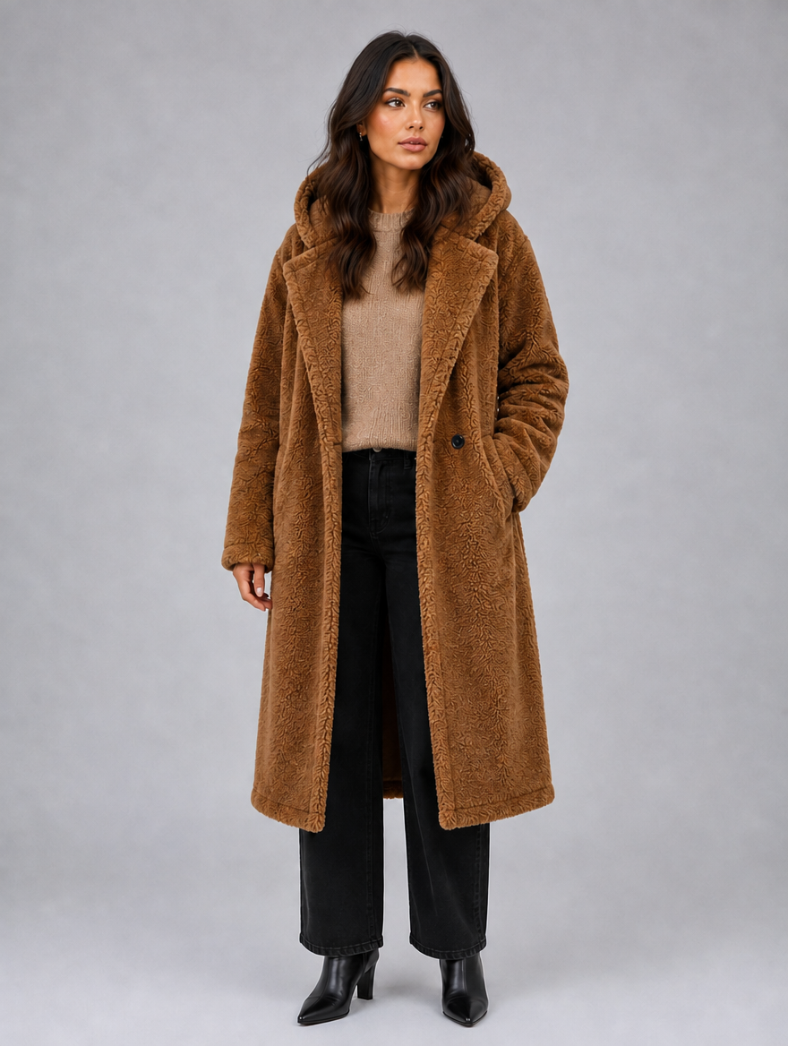 Women’s Long Hooded Teddy Coat – Oversized Borg Winter Coat — Light Brown