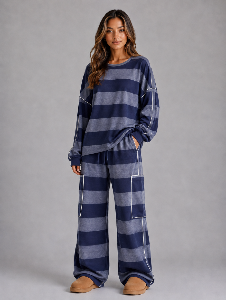 Women’s Oversized Striped Two-Piece Lounge Set — Blue