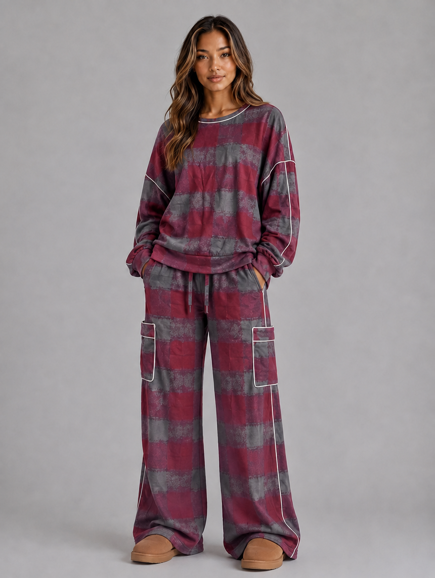Women’s Oversized Striped Two-Piece Lounge Set — Red