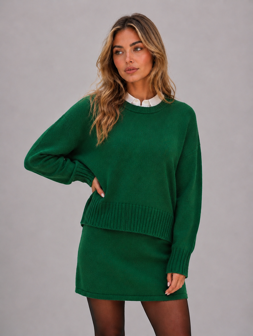 Women’s Knitted Jumper & Mini Skirt Co-Ord Set – Relaxed Two-Piece Outfit — Green