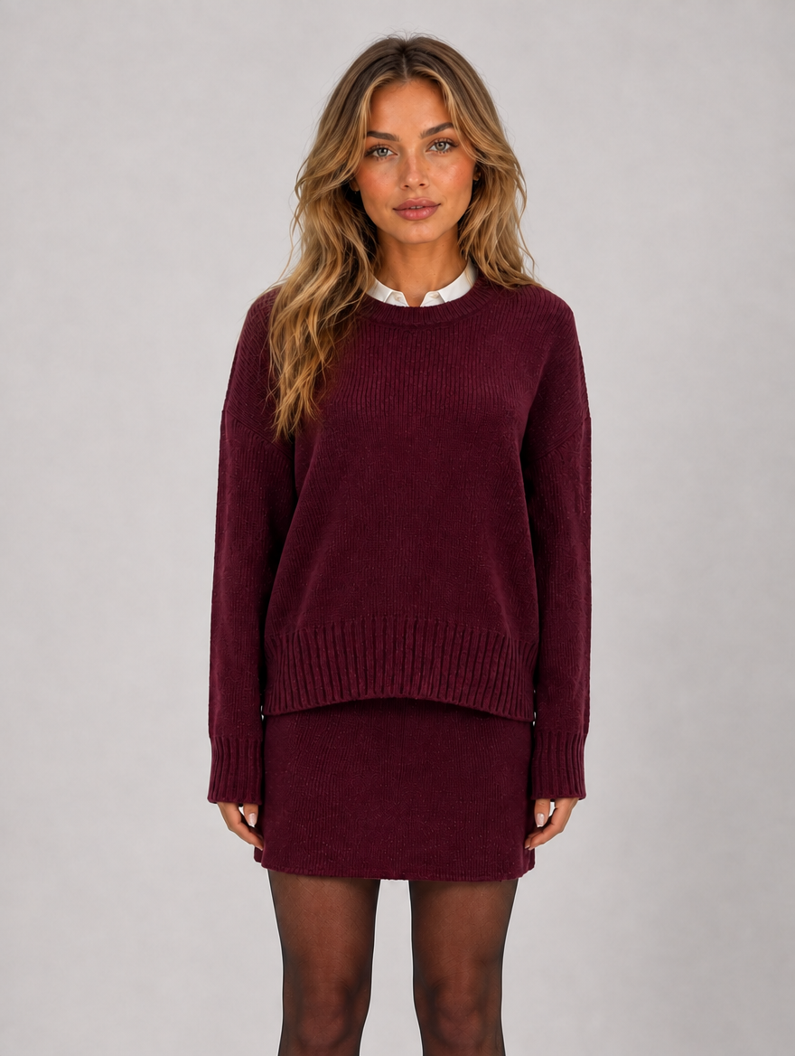 Women’s Knitted Jumper & Mini Skirt Co-Ord Set – Relaxed Two-Piece Outfit — Burgundy